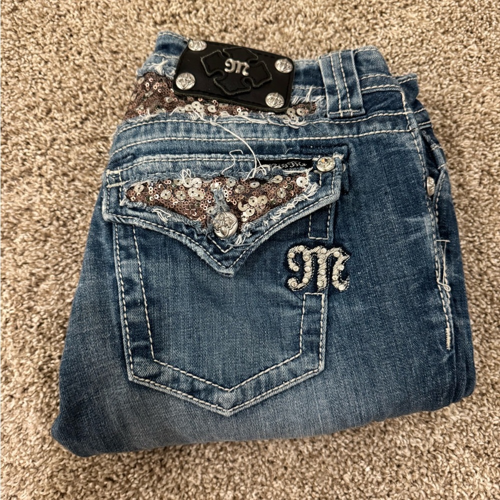 Miss Me Blue Boot Cut Jeans with Distressed Finish